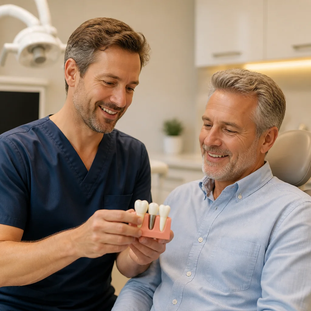 Originale Showroom-Illustration zum Thema Implantate & Zahnersatzfragen